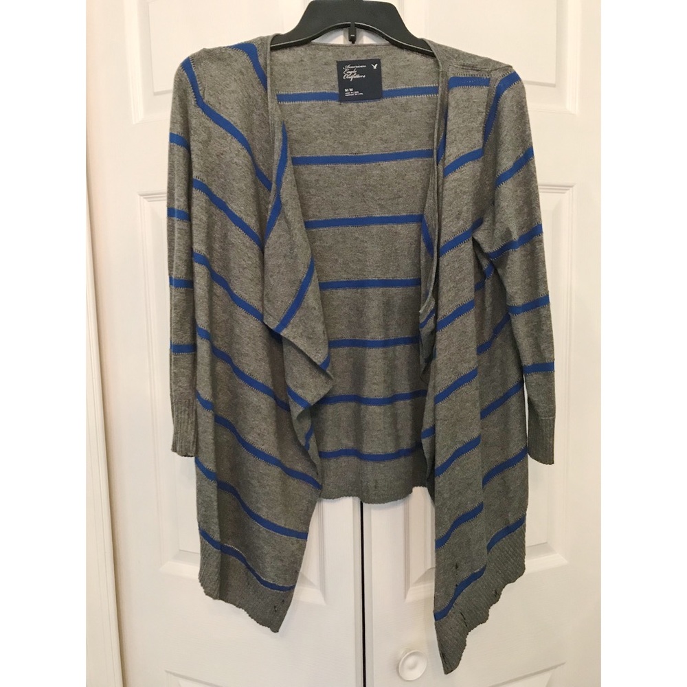 American Eagle Outfitters Gray and Blue Striped Open Front Cardigan Size M